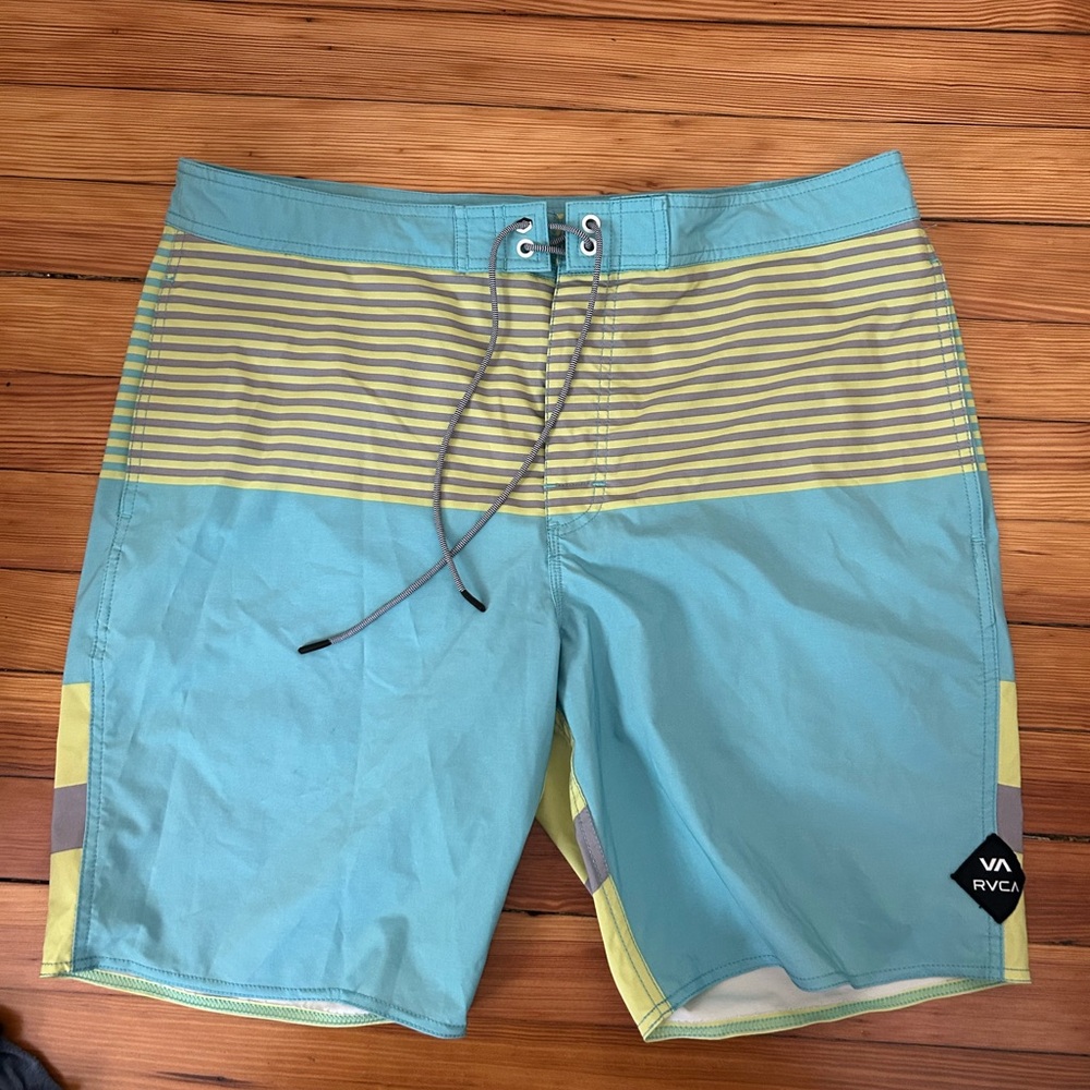 RVCA Men's Aqua and Yellow Striped Board Shorts
